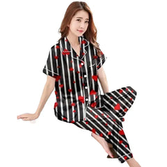 Black Striped Heart Print Women's Nightwear Set | Cozy & Stylish Sleepwear | Shapewear.pk