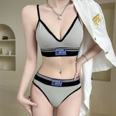 Black & Grey Wireless Cotton Bra and Panty Set | Sporty Style with 'Psycho and Cute' Print