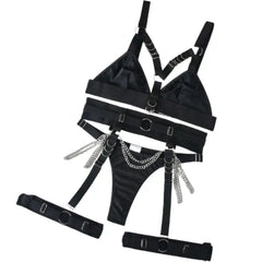 Bondage-Inspired Lingerie Set | Strappy Bra, Panty & Chain Details | Sexy Roleplay Outfit