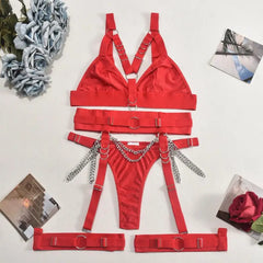 Bondage-Inspired Lingerie Set | Strappy Bra, Panty & Chain Details | Sexy Roleplay Outfit