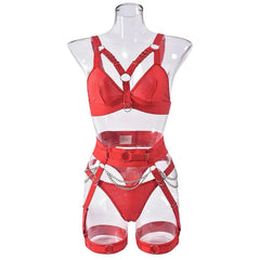 Bondage-Inspired Lingerie Set | Strappy Bra, Panty & Chain Details | Sexy Roleplay Outfit