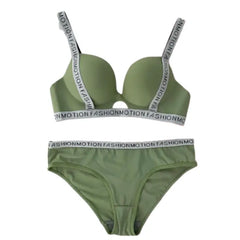 Branded Strap Lingerie Set | Olive Green Padded Bra & Panty | Stylish Daily Underwear