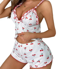 Cherry Print Ruffled Camisole & Shorts Nightwear Set | Cute & Comfy Sleepwear