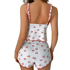 Cherry Print Ruffled Camisole & Shorts Nightwear Set | Cute & Comfy Sleepwear