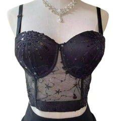 Elegant Mesh Corset Top | Sequin Embellished Bustier for Women | Chic Night Outwear