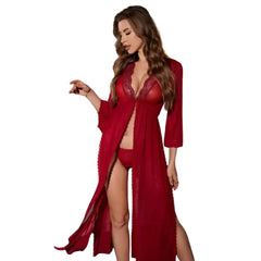 Honeymoon Bridal New Sexy Mesh See-Through Long Slit Lace Nightgown Set