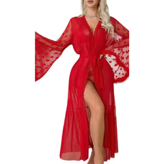 Hot Sexy Robe for Women Lace Bridal Lingerie | Mesh Heart Furry Trim Long Sleeve Bathrobe Babydoll Nightwear