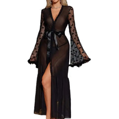 Hot Sexy Robe for Women Lace Bridal Lingerie | Mesh Heart Furry Trim Long Sleeve Bathrobe Babydoll Nightwear