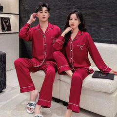 Matching Couple Pajama Set | Soft Satin Sleepwear with Heart Embroidery