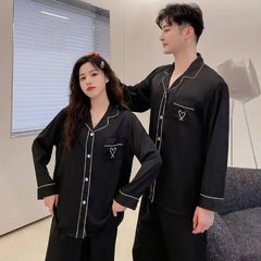 Matching Couple Pajama Set | Soft Satin Sleepwear with Heart Embroidery