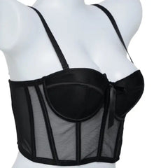 Nude Mesh Corset Bralette with Satin Bow | Padded Longline Bustier for Elegant Support & Styling