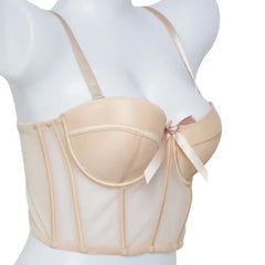 Nude Mesh Corset Bralette with Satin Bow | Padded Longline Bustier for Elegant Support & Styling