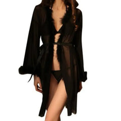 Sexy Luxury Black Sheer Lace Robe with Fur Trim | Sexy Women's Nightwear Set