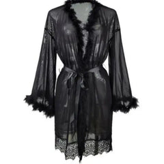 Sexy Luxury Black Sheer Lace Robe with Fur Trim | Sexy Women's Nightwear Set