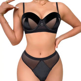 Sexy Velvet Lingerie Set | Sheer Mesh Bra & High Cut Panty | Hot Trending Intimates