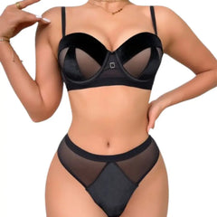 Sexy Velvet Lingerie Set | Sheer Mesh Bra & High Cut Panty | Hot Trending Intimates