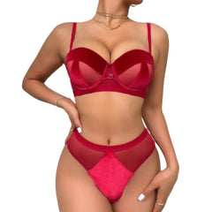 Sexy Velvet Lingerie Set | Sheer Mesh Bra & High Cut Panty | Hot Trending Intimates