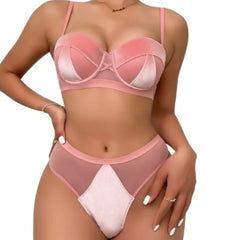 Sexy Velvet Lingerie Set | Sheer Mesh Bra & High Cut Panty | Hot Trending Intimates