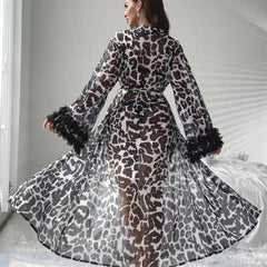 Sheer Leopard Print Long Robe for Women | Elegant Lingerie Gown with Ruffle Sleeves | Sexy Nightwear Dress