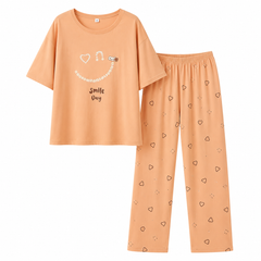 Women’s Smile Print Cotton Pajama Set – Soft Loose Fit Nightwear for Women