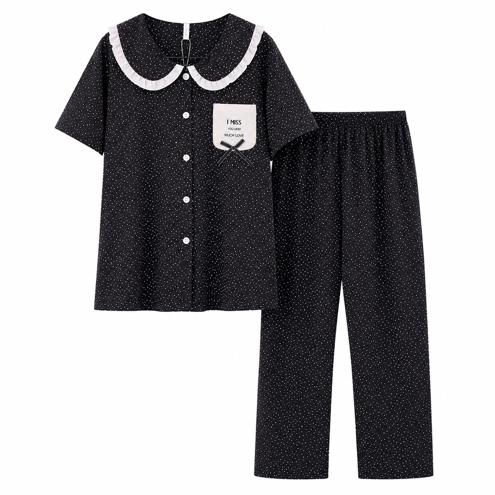 Women’s soft polka dot pajama set with Peter Pan collar and matching trousers