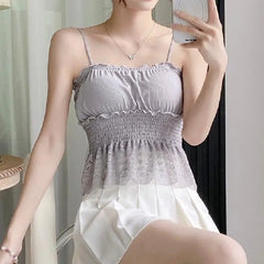 Women's Summer Smocked Crop Top with Ruffle Lace Trim Ladies Tank Top Lace Bra