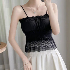 Women's Summer Smocked Crop Top with Ruffle Lace Trim Ladies Tank Top Lace Bra
