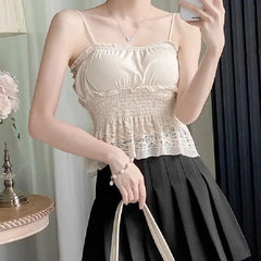 Women's Summer Smocked Crop Top with Ruffle Lace Trim Ladies Tank Top Lace Bra