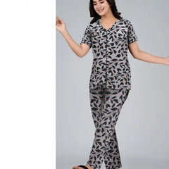 Trendy Women's Leaf Print Cotton Pajama Set | Soft Loungewear Co-Ord for Women | Summer Sleepwear with Button Down Top & Full Pants