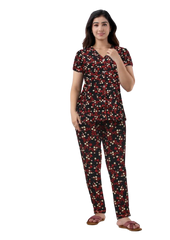 Women's Floral Cotton Night Suit Set | Black & Red Printed Sleepwear with Short Sleeves
