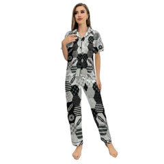 Women’s Black & White Printed Pajama Set | Soft Cotton Nightwear with Short Sleeve Shirt & Full-Length Pants