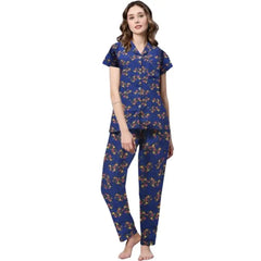 Women's Blue Floral Cotton Night Suit Set | Button-Down Sleepwear with Short Sleeves