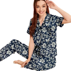 Women's Floral Printed Stone Linen Sleepwear | Short Sleeve front open Pajama Set