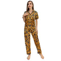 Women's Mustard Yellow Printed Night Suit Set | Short Sleeve Cotton Sleepwear with Button Closure