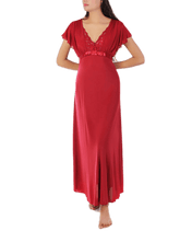 Women's 2 Piece Lacy Neck Long Nighty -Maroon