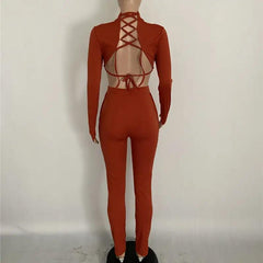 Fashion Women Two Piece Set Backless Cross Bangdage Crop Top + Long Pants Tracksuit Jogging Femme Outfits Winter Sportwear