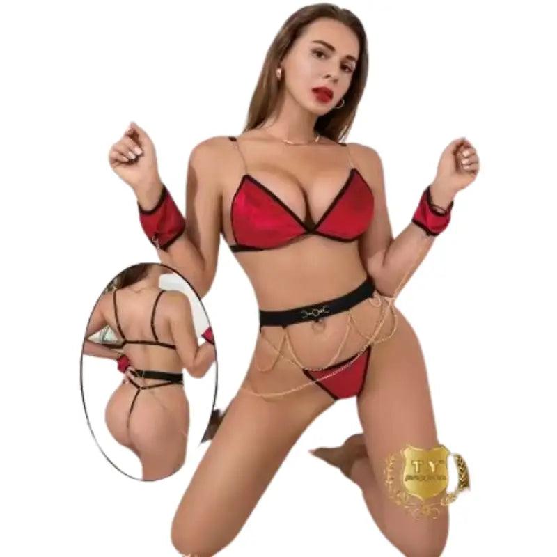 Hot Sexy Red Bow Rhinestone Halter Garter 3 Pc Lingerie Set shapewear.pk Hot Sexy Red Bow Rhinestone Halter Garter 3 Pc Lingerie Set shapewear.pk
