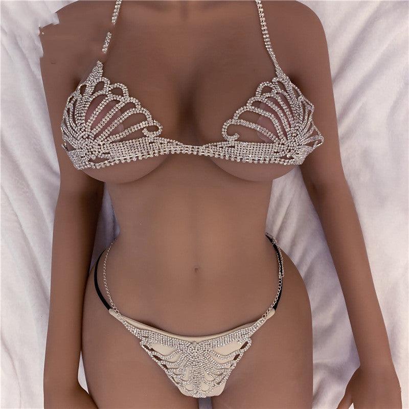Ultra-Thin Transparent Lace Bra Set with Crystal Chain - Sexy Lingerie Set