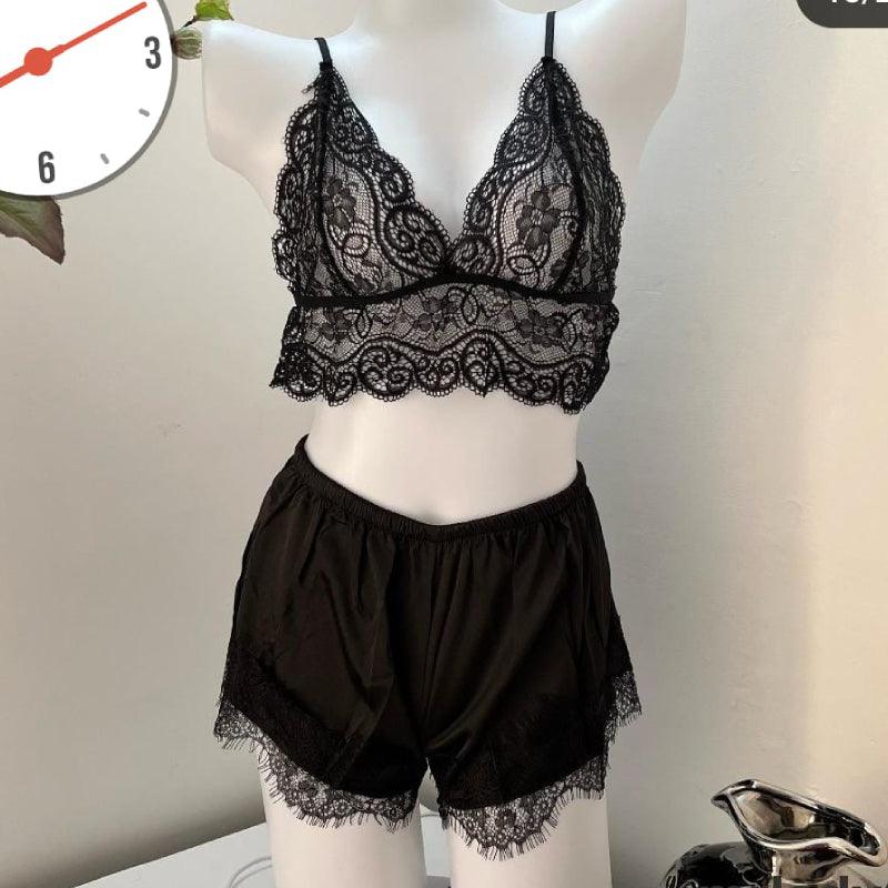 Sexy Transparent lace Net Cami Short-2pc | Summer Satin Nightwear Pyjamas Sexy 2PCS