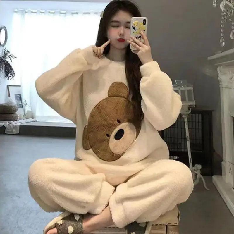 Winter Warm Flannel Women Pyjamas Sets Thick Coral Velvet Long