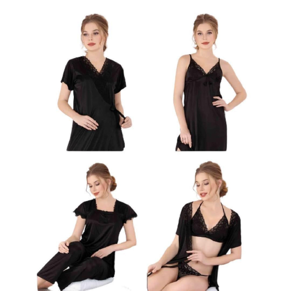 Black Honeymoon Nighty Women Nightwear 6 Pcs Bridal Nighty Set Women Sleepwear