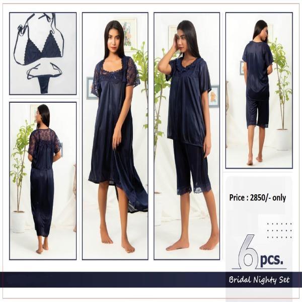 Bridal Fancy Silk Nighty 6Pc Gown Nightwear Set Loungewear Sleepwear For Women