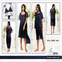 Bridal Fancy Silk Nighty 6Pc Gown Nightwear Set Loungewear Sleepwear For Women