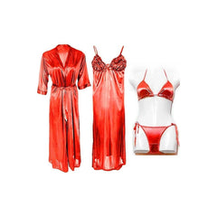 Bridal Long Nighty 4 Pc Bridal Long Night Dress Red Color Nightwear for Women