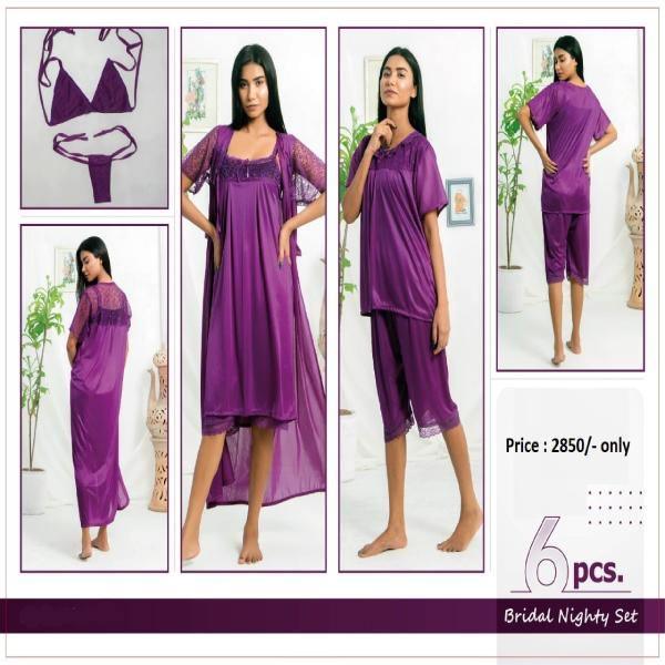 Fancy 6PC Original Indian Silk Bridal Nighty Set For Women