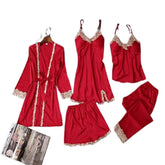 Bridal Nighty Set Women Lace Silk Print Set Sleepwear 5Pcs Nightwear Set for Women