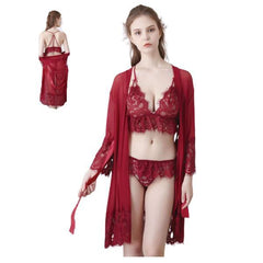 Fancy Net Nightgown Robe With Bra Set