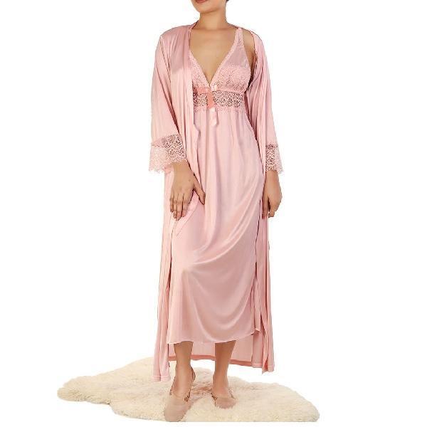 Full Length Three Piece Nighty Set Peach
