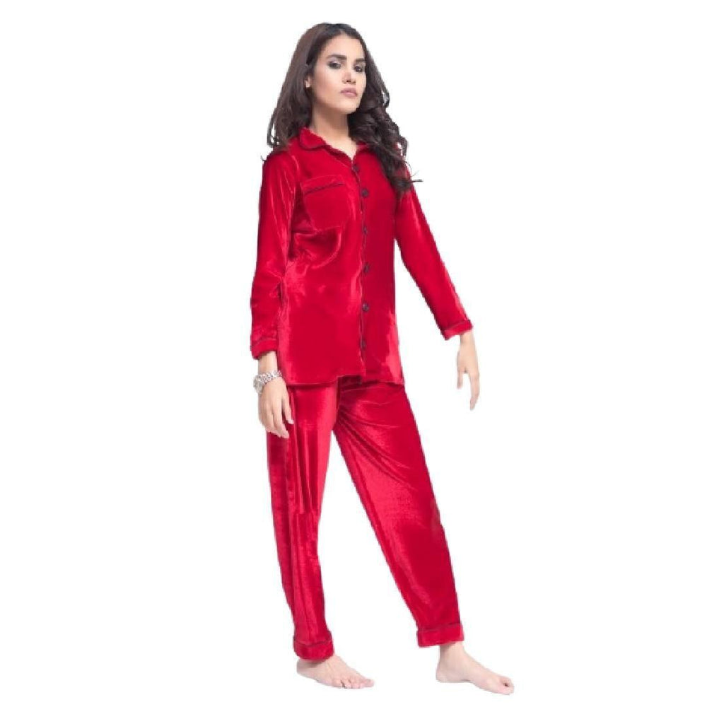 Long Sleeves Velvet Pajama Shirt Set | Ladies 2 Pieces Winter Nightwear | Sleepwear For Women