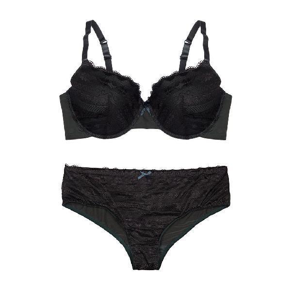 Plus Size Shiny Microfiber & Lace Molded Cup Bra Set